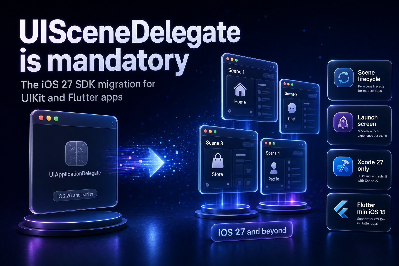 Diagram of an iOS app window splitting into isolated scene panes for the iOS 27 UIScene migration