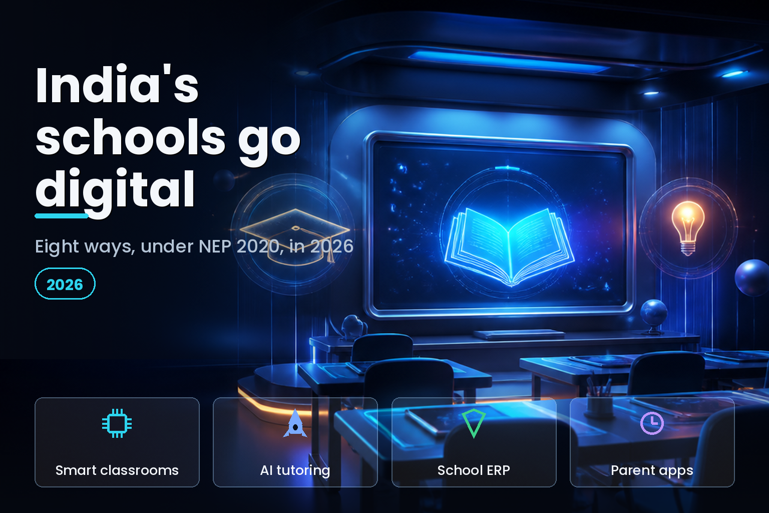 A glowing smart board and floating digital learning icons in a modern classroom on a dark background