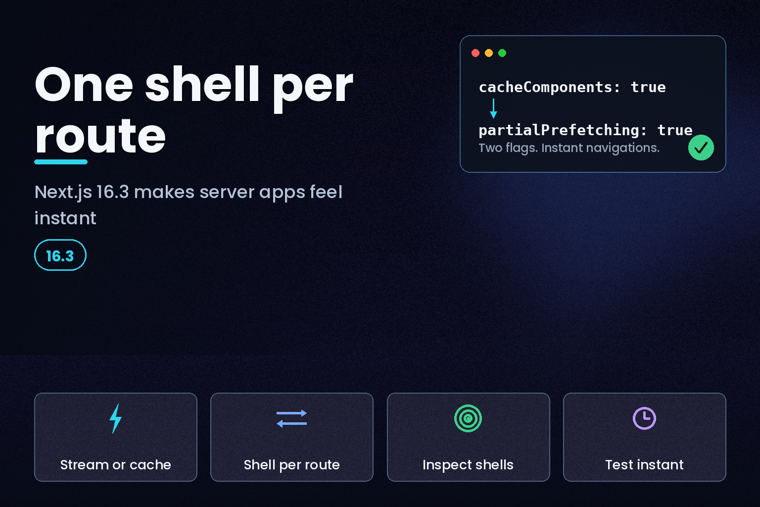 Browser window rendering an instant page shell with streaming UI cards on a dark developer background