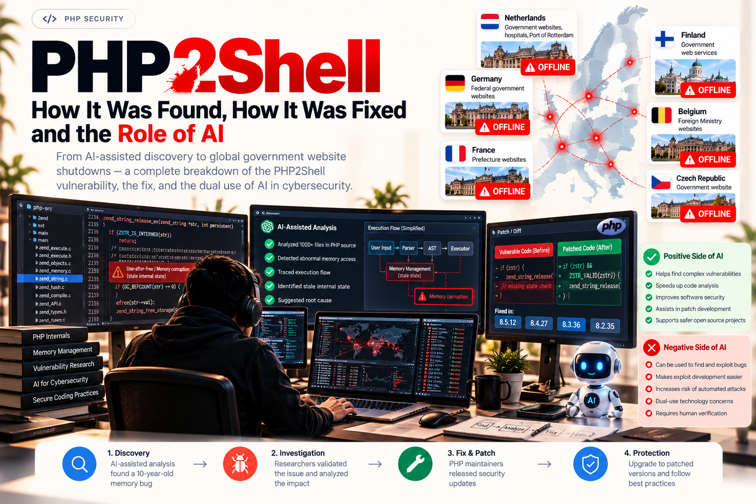 Title card on how PHP2Shell was found and fixed: a researcher at code screens, an AI analysis panel and fixed PHP versions