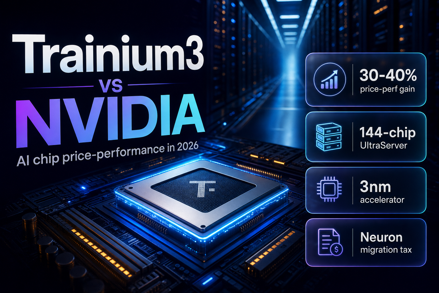 AWS Trainium3 style AI accelerator chip glowing on a dark data-center server board