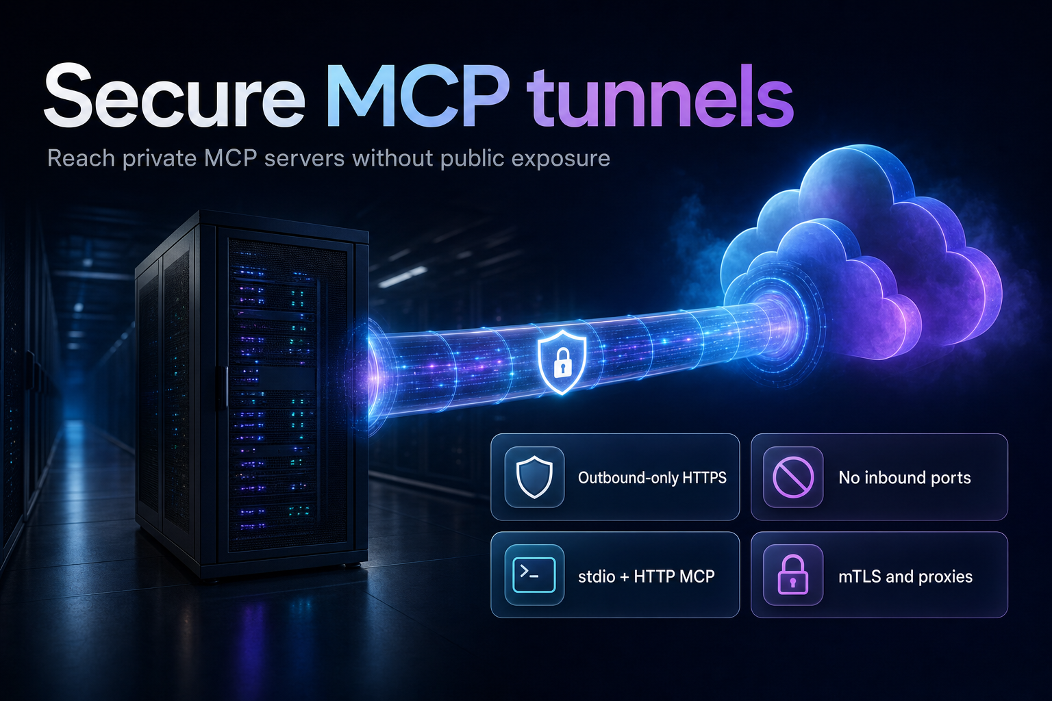 Encrypted outbound tunnel linking a private server rack to a cloud endpoint