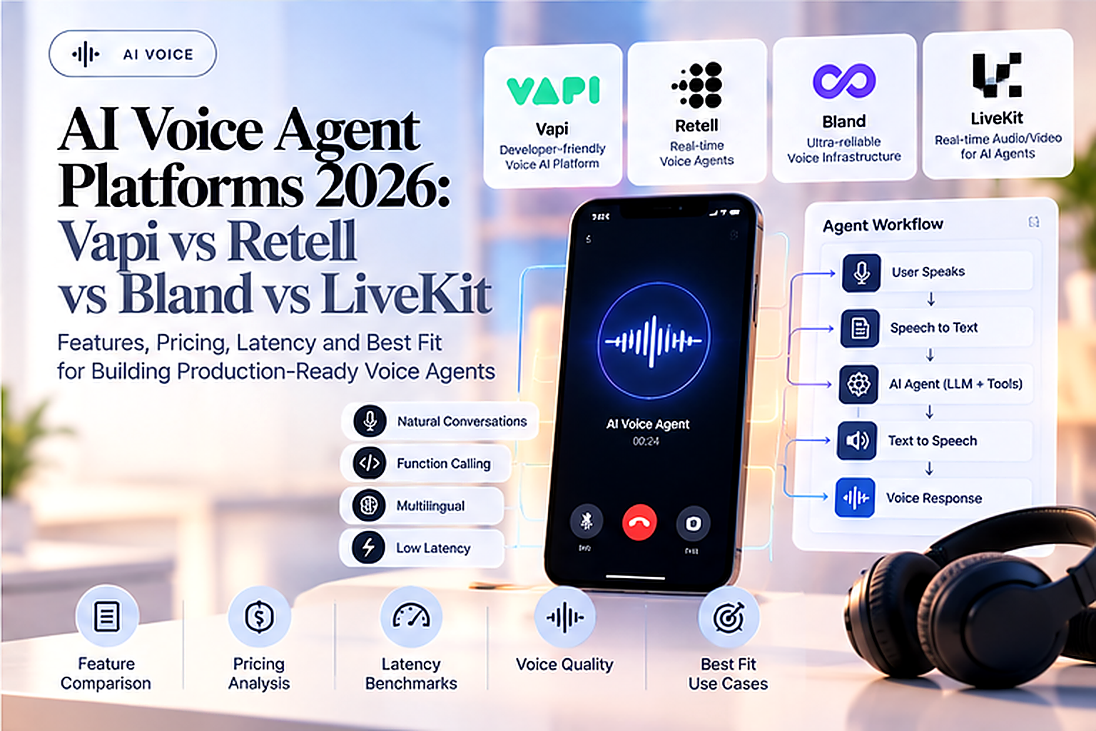 Title card comparing AI voice agent platforms Vapi, Retell, Bland and LiveKit, with a phone call and voice agent workflow
