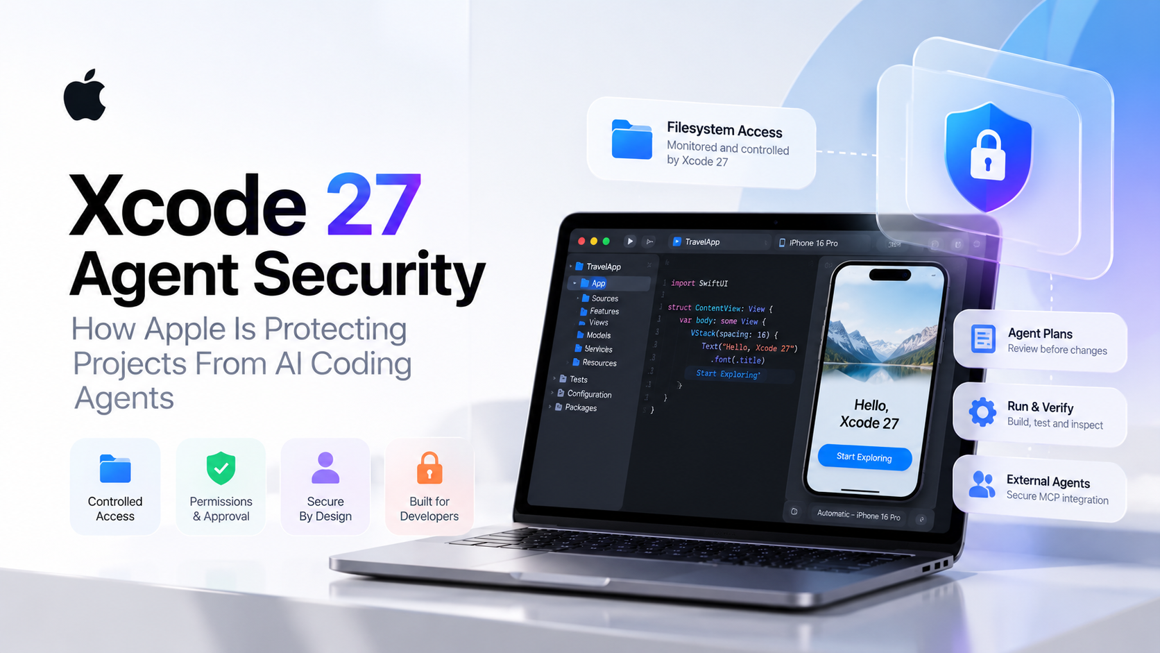 Xcode 27 agent security title card: a laptop running Xcode, a shield, and panels for file access, plans and external agents.
