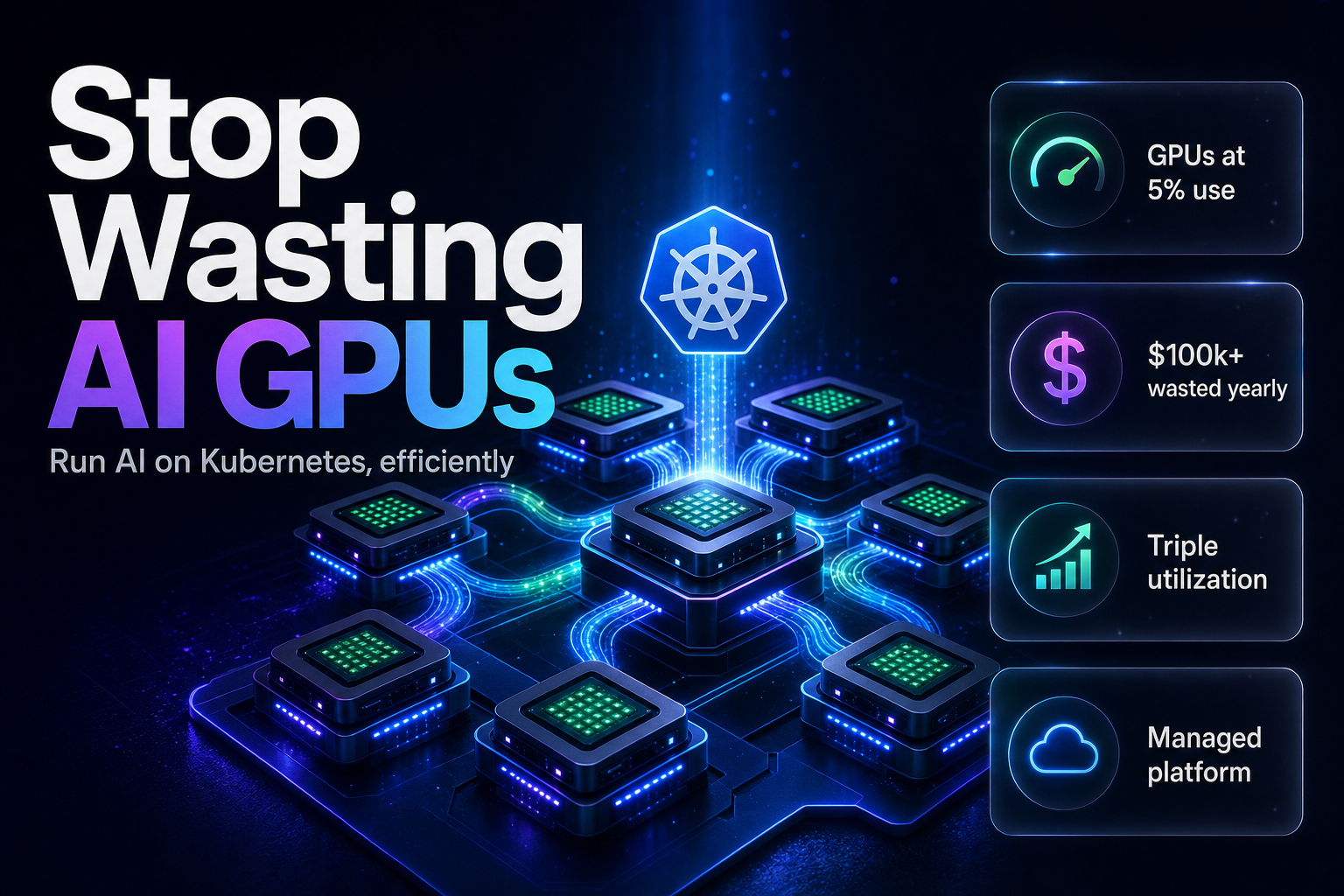 Glowing GPU chips arranged in a Kubernetes orchestration grid with data streams