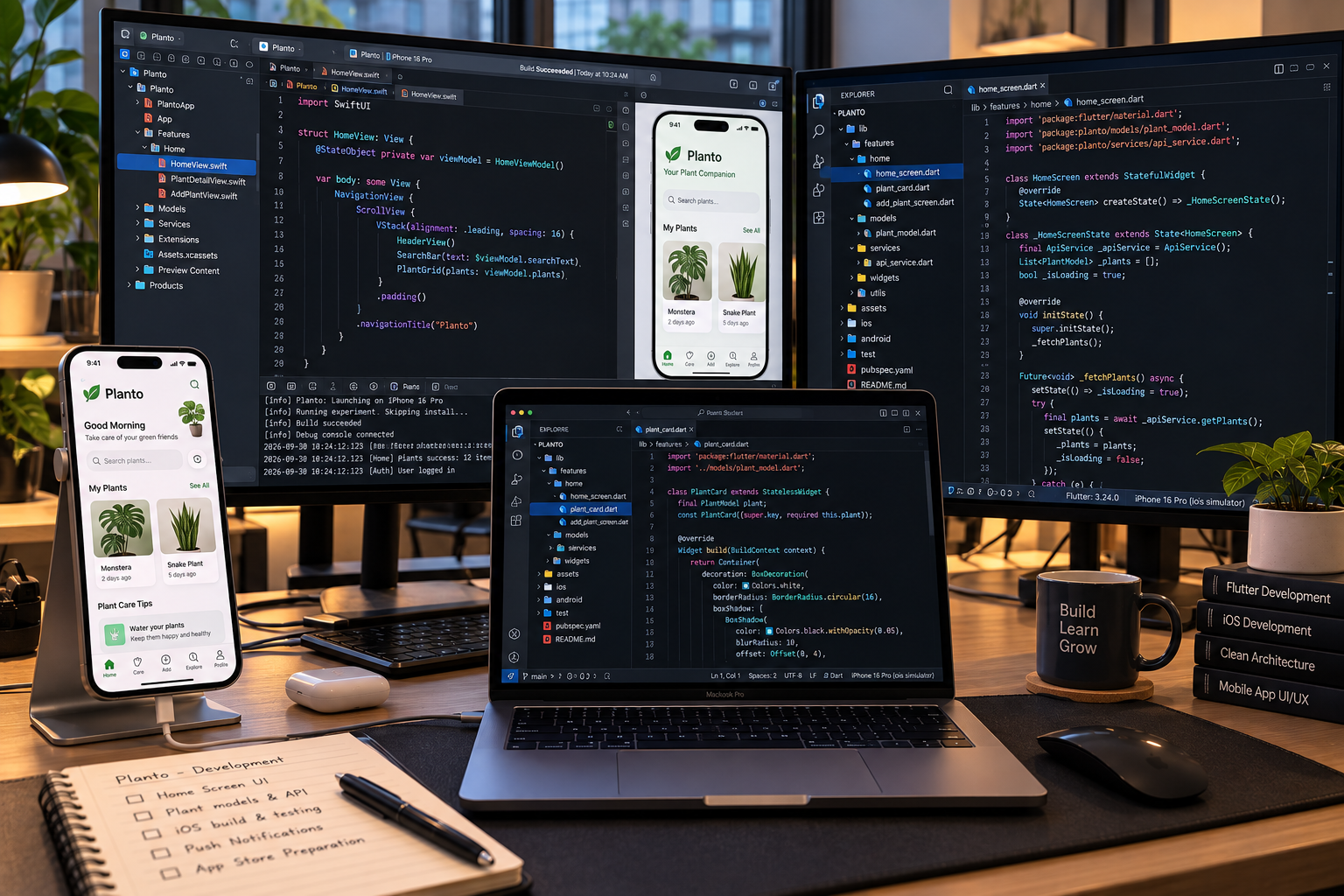 A developer desk with Xcode and VS Code on two monitors, a laptop and an iPhone running a plant care app.