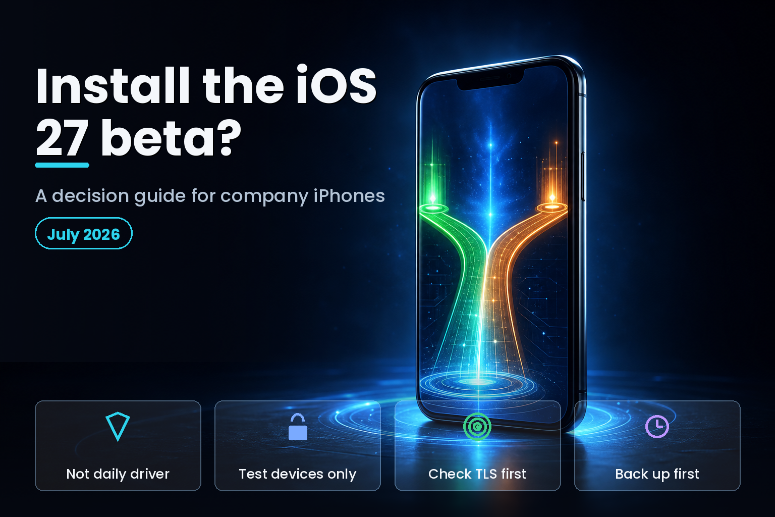Smartphone on a dark desk with a glowing forked decision path, an IT decision motif