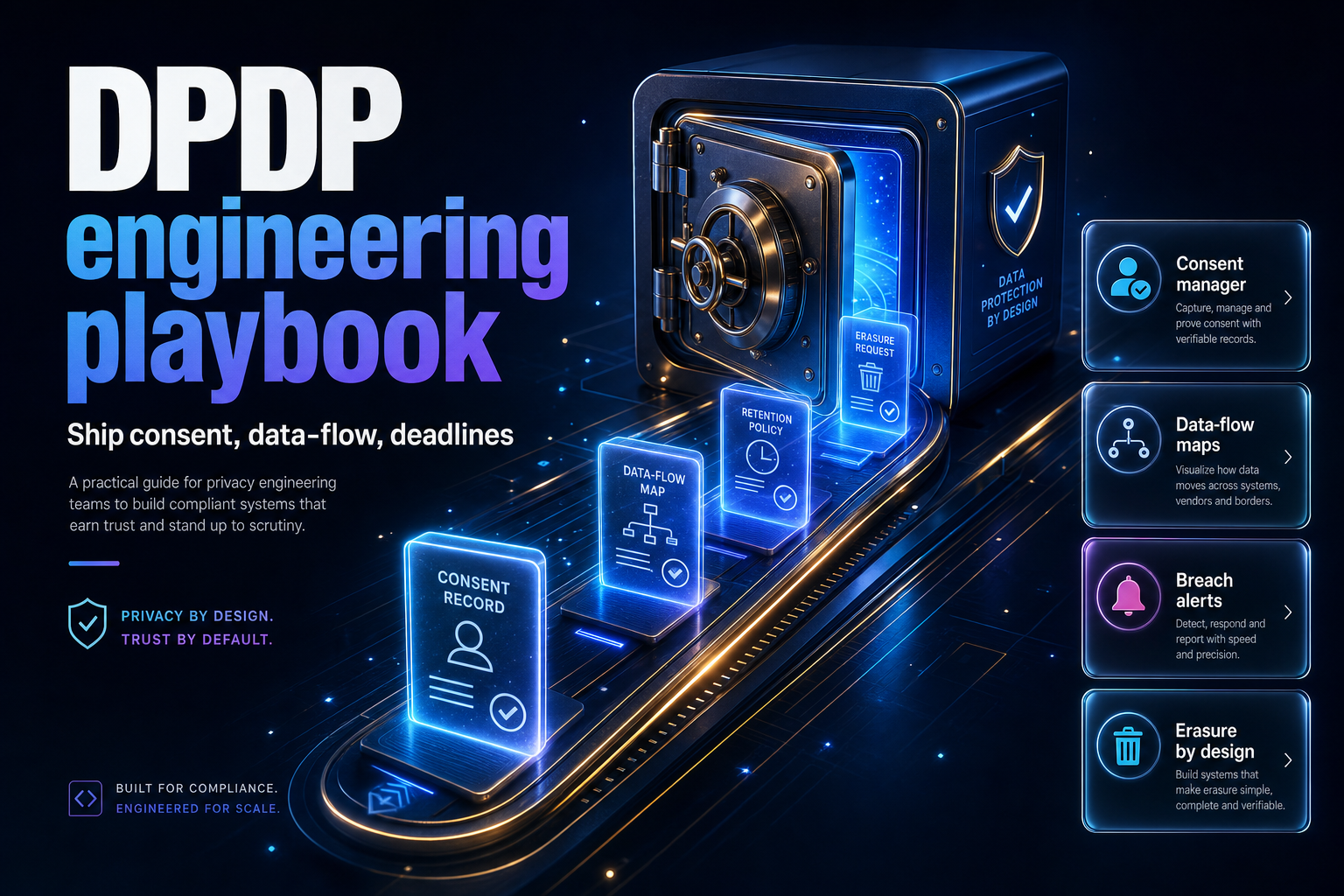 A glowing data vault with locked document panels flowing along guided pathways, representing privacy engineering