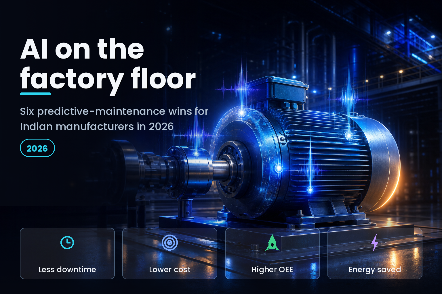Industrial motor with glowing condition sensors and holographic vibration waveforms on a dark factory floor