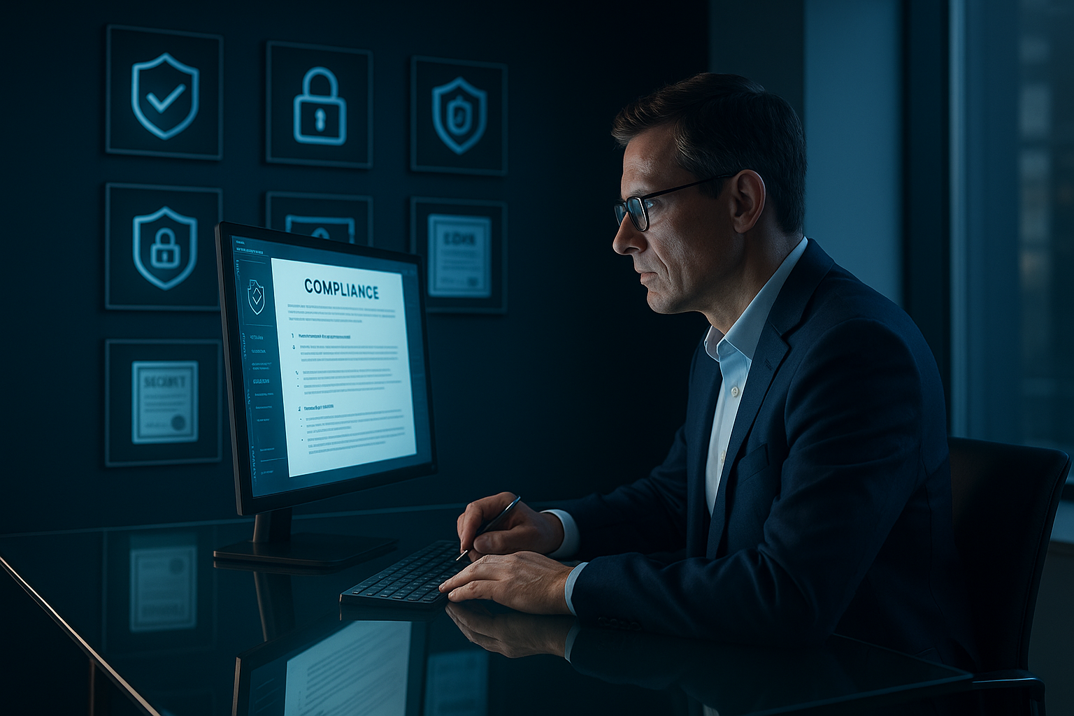 Compliance officer reviewing IT audit documentation on computer monitor in modern office