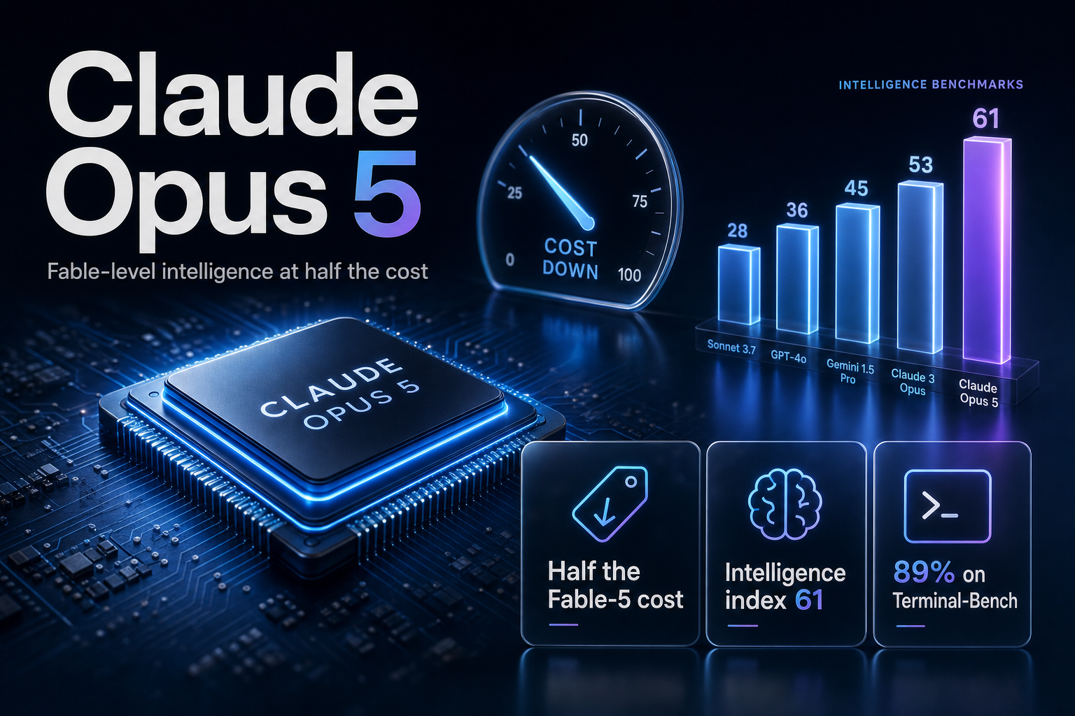 Glowing AI processor beside a cost dial and rising benchmark bars on a dark studio surface