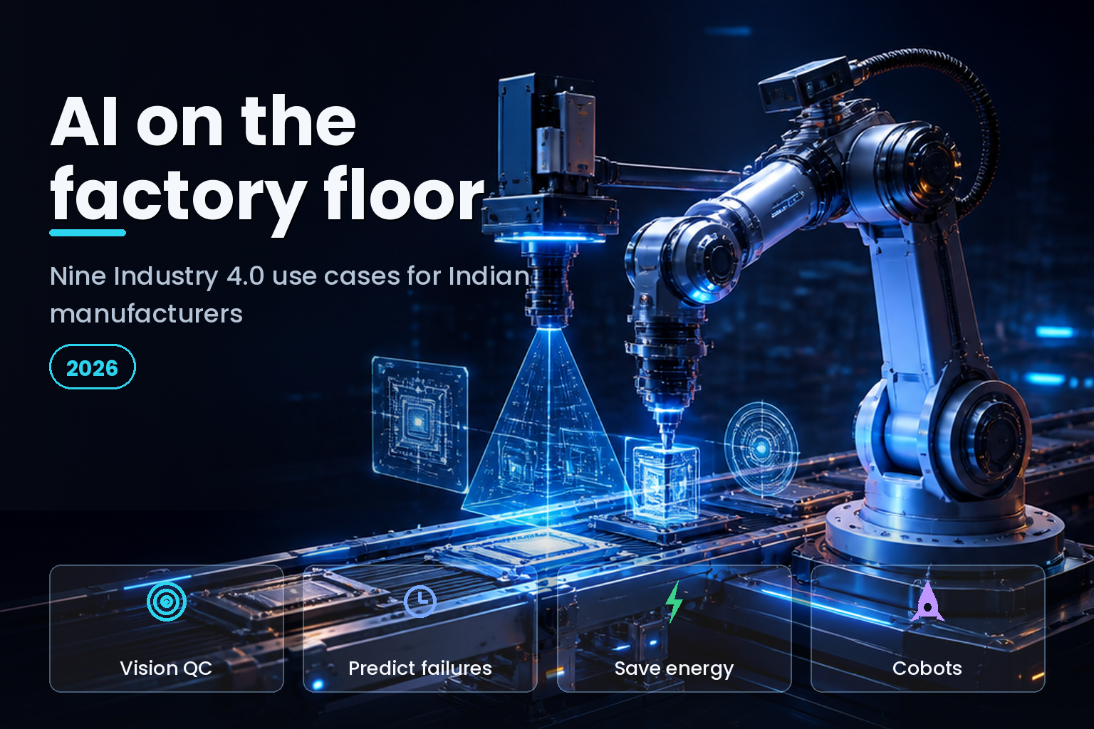 A smart-factory floor with a glowing robotic arm and a vision-inspection station on a dark background