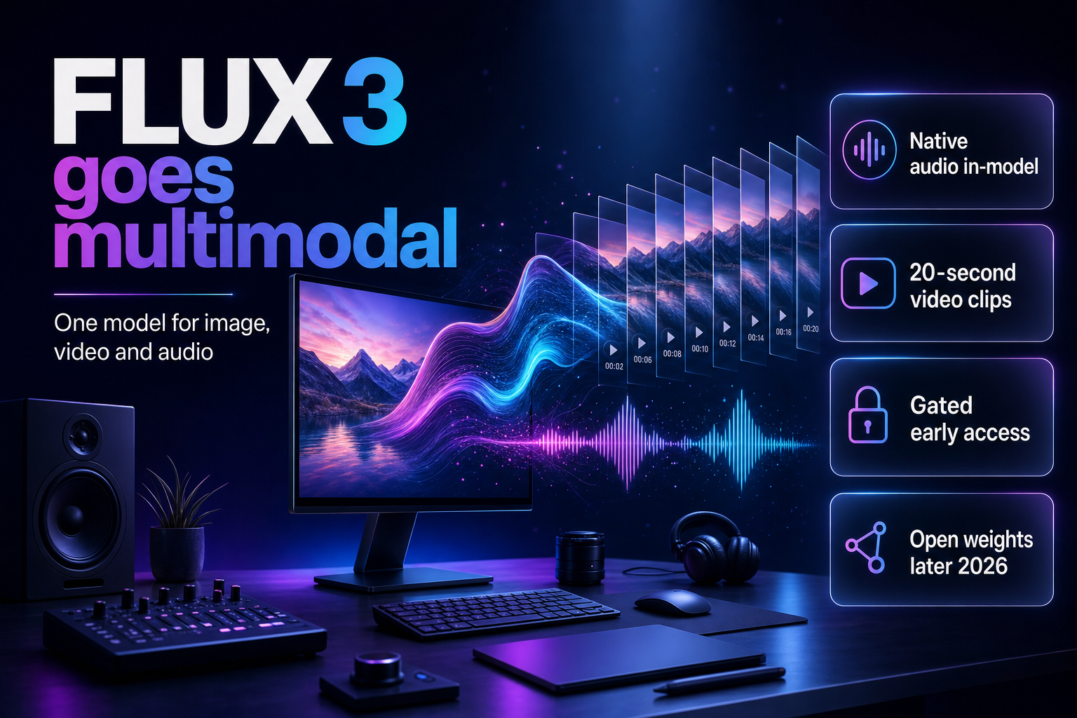 Studio display morphing a still image into video frames and sound waves