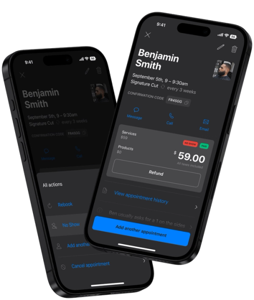 Mobile interface showing appointment details and no-show charge option.