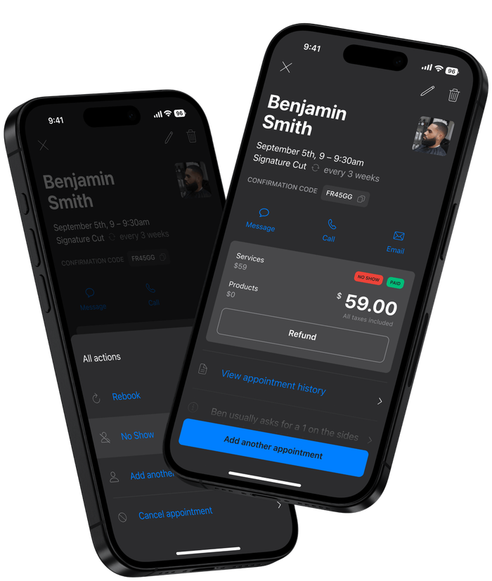 Mobile interface showing appointment details and no-show charge option.
