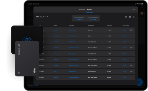 Payment interface with transaction list and credit card graphics.