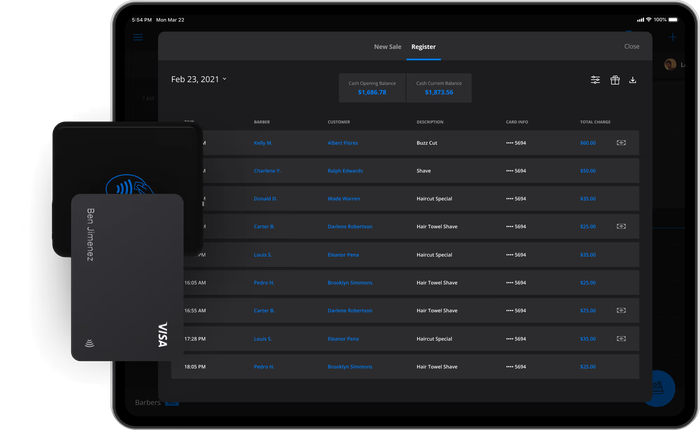 Payment interface with transaction list and credit card graphics.