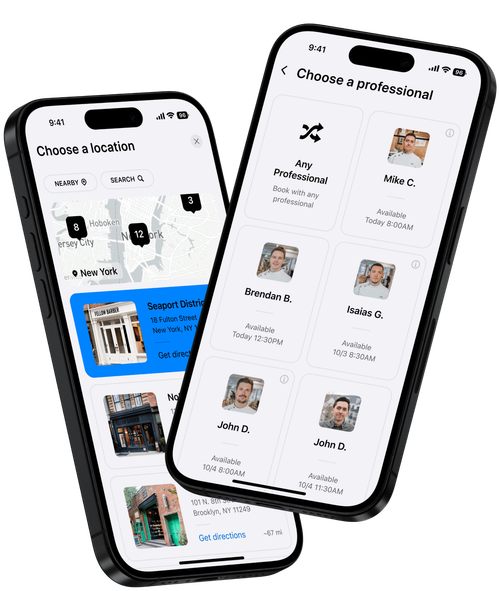 Mobile app interface for selecting barbers and booking.