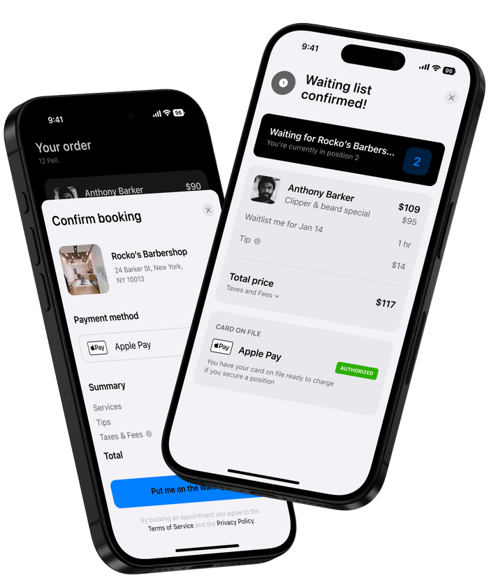 Clients confirming booking and waitlist time on barbershop app.