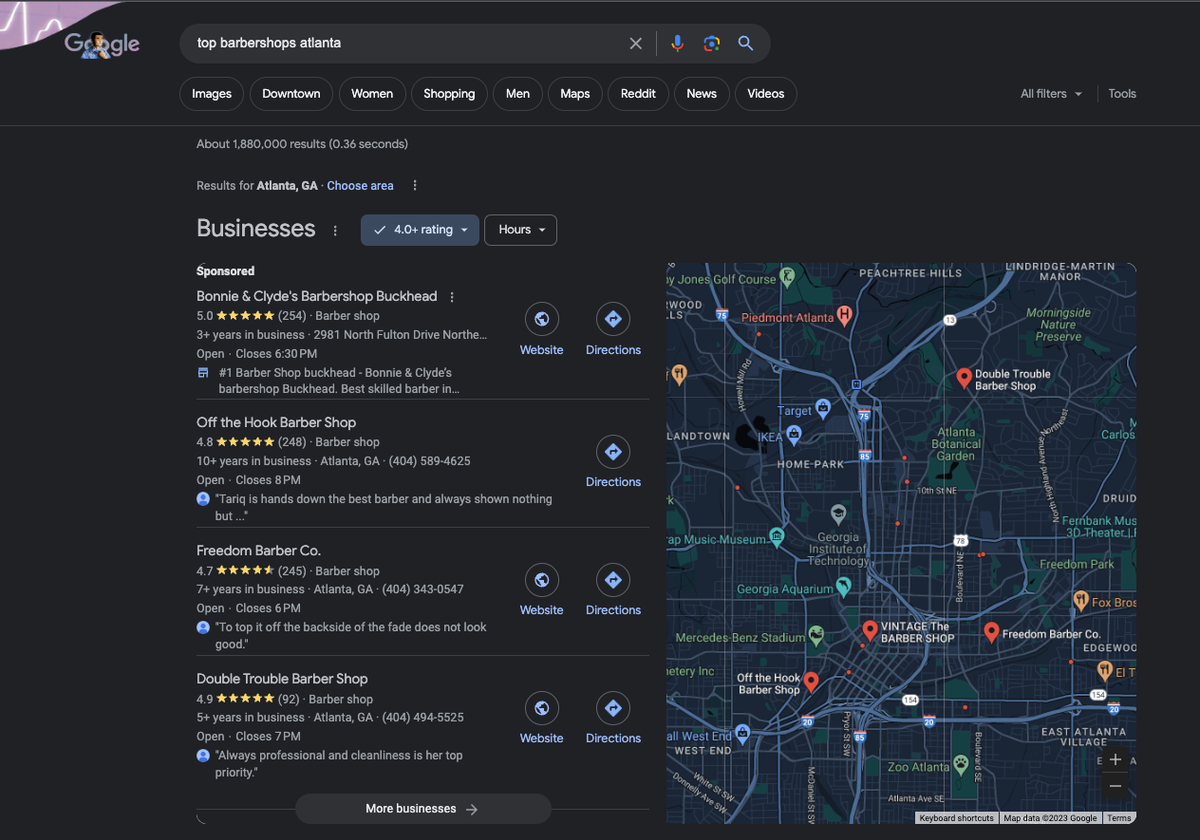 Google search results for barbershops in Atlanta with map.