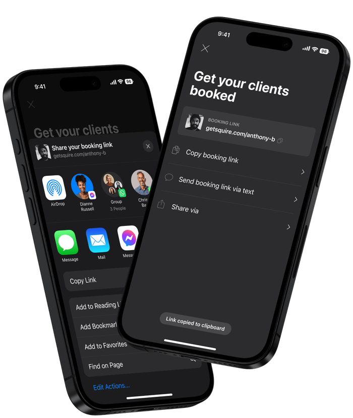 Two smartphones displaying individual booking link options.