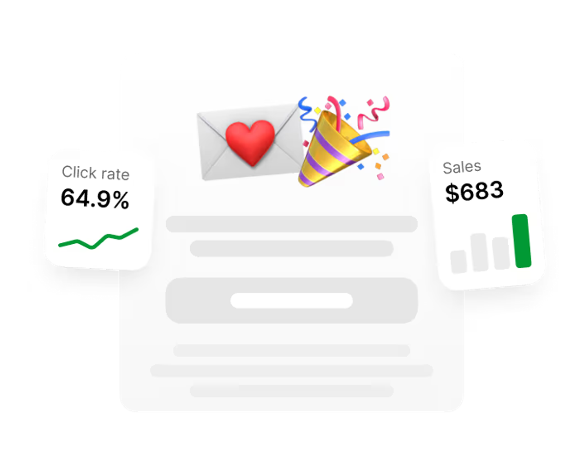 Email and sales analytics with growth indicators.