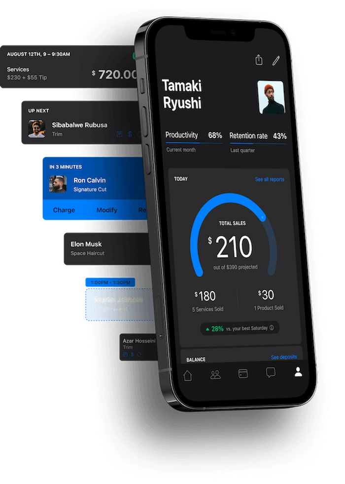 Mobile barbershop management dashboard with sales analytics.