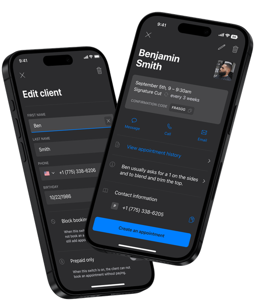 Smartphones displaying client profile management interface.