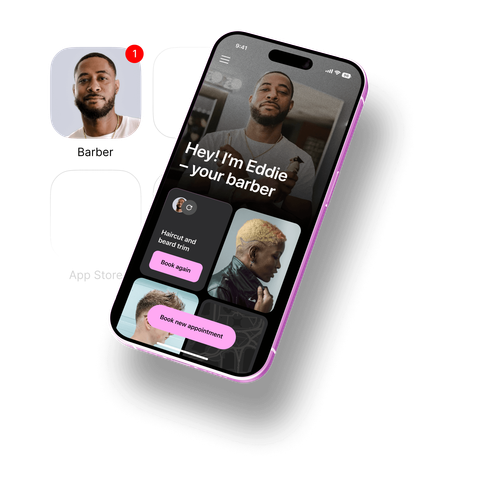 Barber's personalized booking app interface on smartphone.