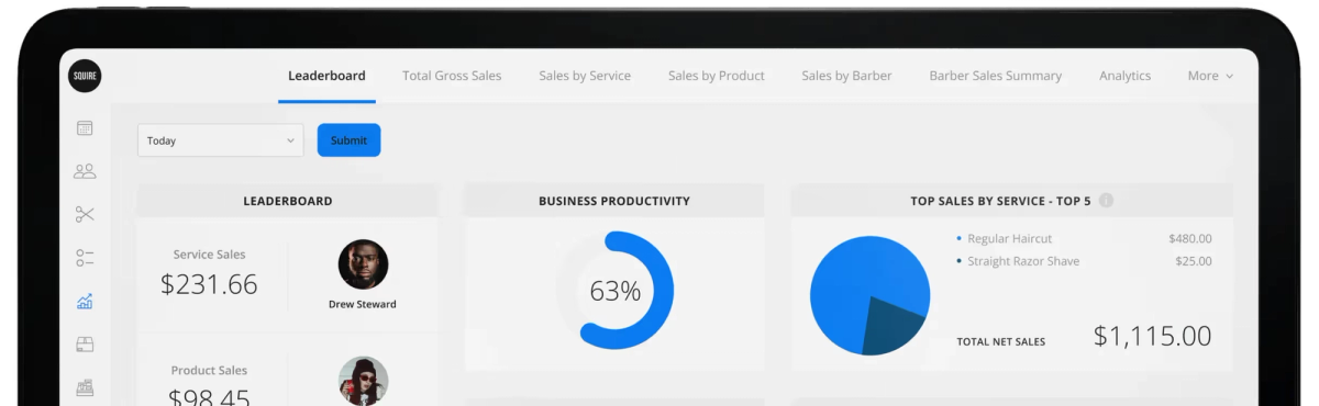 Squire scheduling interface with sales and productivity charts.