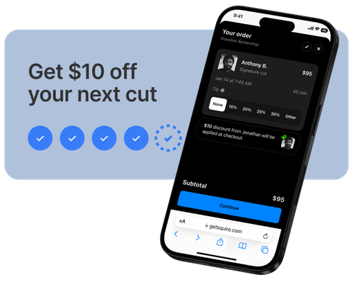 "$10 discount notification on barber appointment app screen."