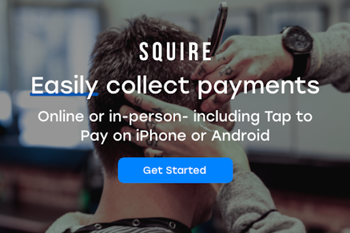 Barber cutting hair, text promoting payment collection.