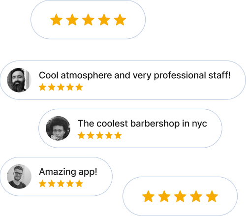 Five-star Google reviews with positive comments for a barbershop.