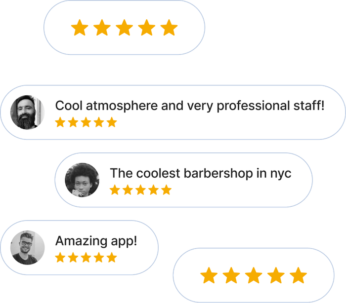 Five-star Google reviews with positive comments for a barbershop.
