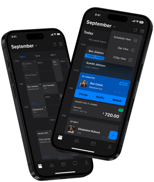 Barbershop scheduling app showing appointments and client details.