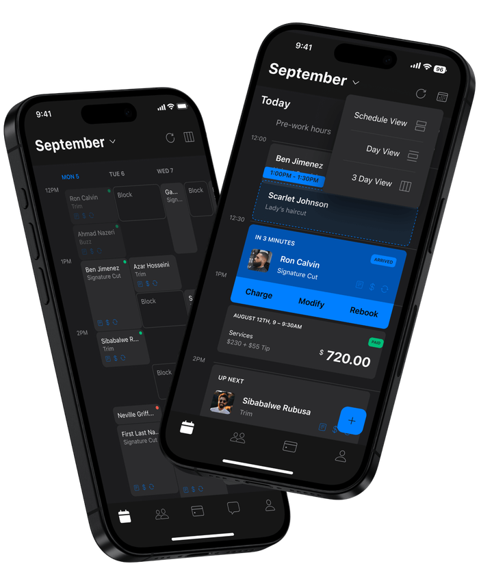 Barbershop scheduling app showing appointments and client details.