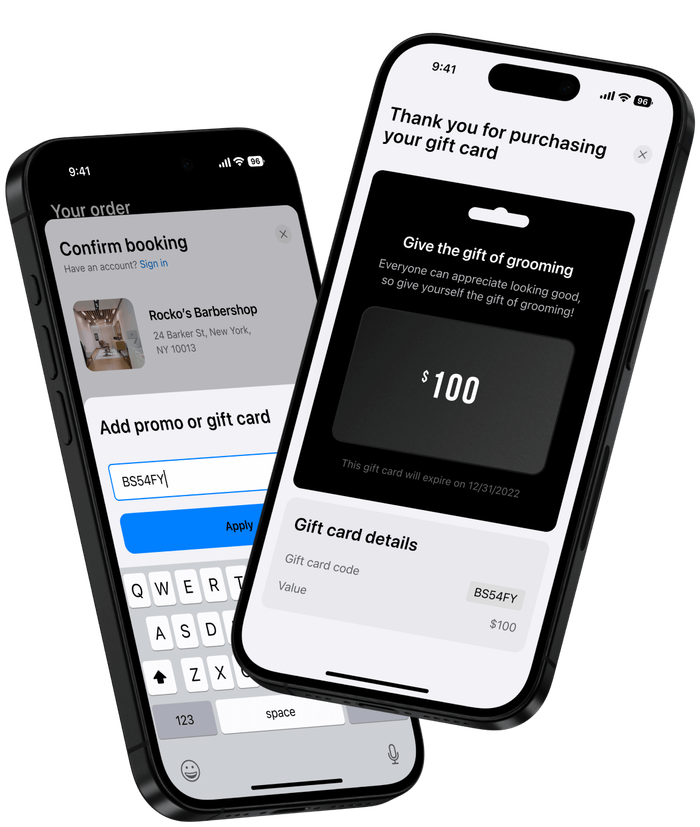 Two smartphones displaying digital gift card purchase and confirmation.