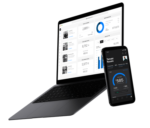 Laptop and phone displaying synchronized dashboard analytics.