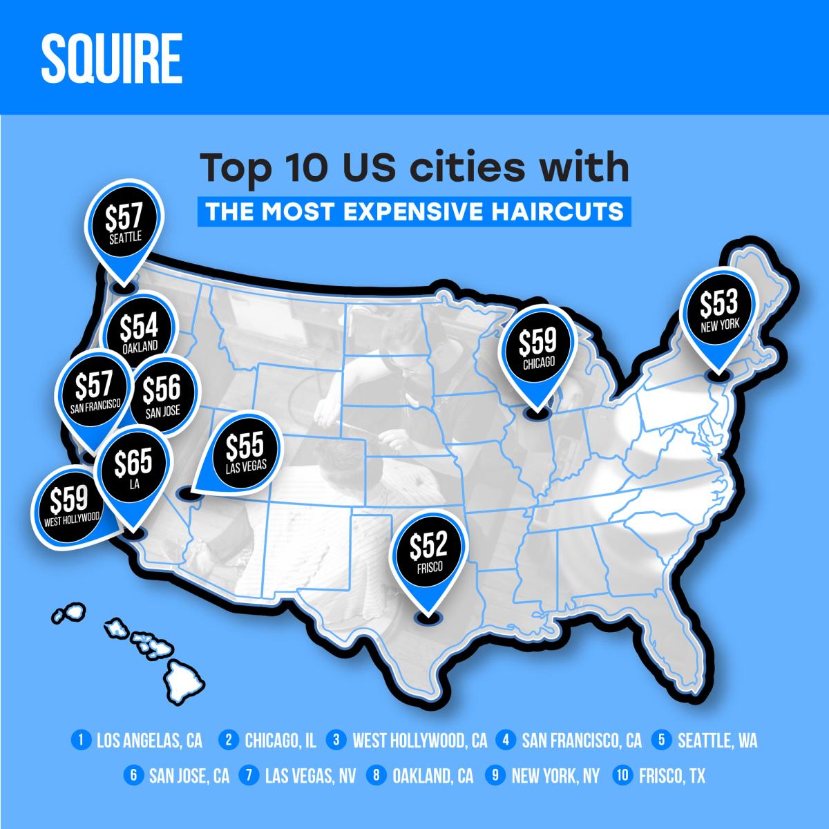 Map showing top 10 US cities with priciest haircuts.