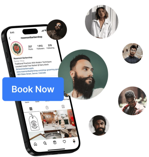 Instagram screen with book now button, surrounded by barbershop clients.