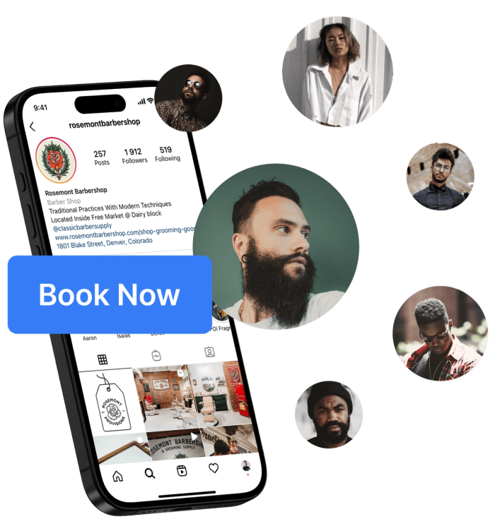 Instagram screen with book now button, surrounded by barbershop clients.