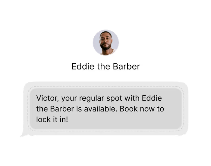 Chat bubble with rebooking notification for a barber appointment.
