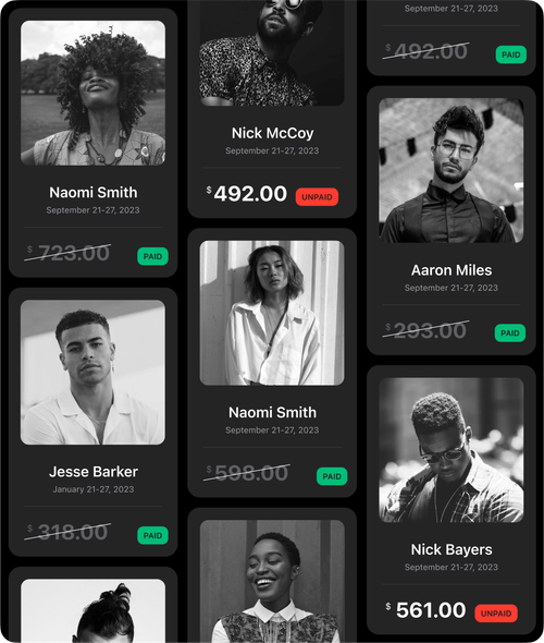 Barber profiles with payment status displayed.