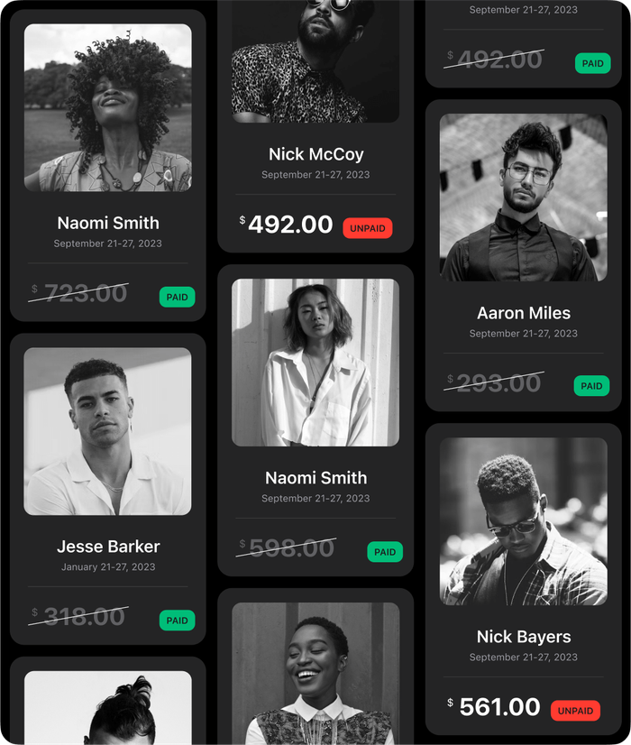 Barber profiles with payment status displayed.