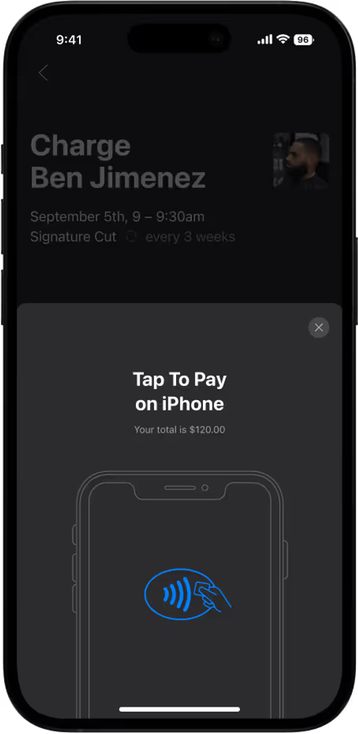 Tap to Pay on iPhone screen for $120 payment.