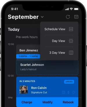 Mobile interface showing calendar scheduling features and appointments.