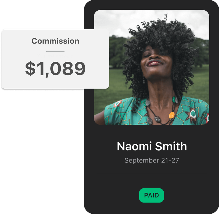 Commission payout of $1,089 to Naomi Smith, marked paid.