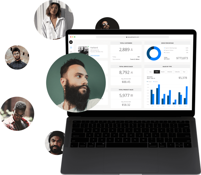 Laptop displaying staff management dashboard with staff profiles.