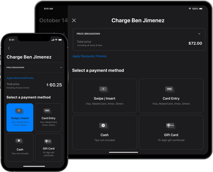 Mobile and tablet screens displaying payment options.