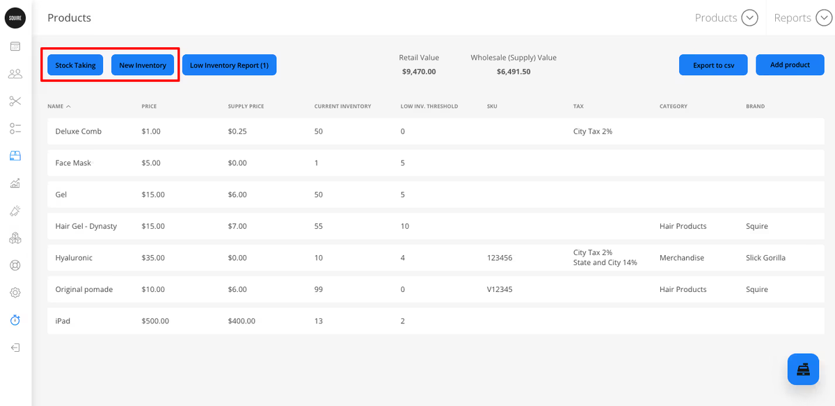 Products section in app